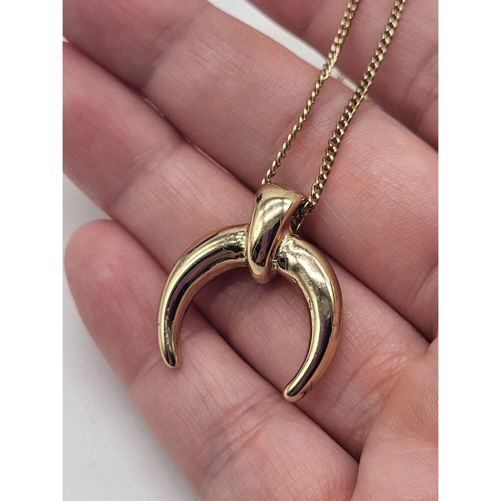 Gold Tone Horn Pendant Necklace Crescent Moon - Picture 8 of 9